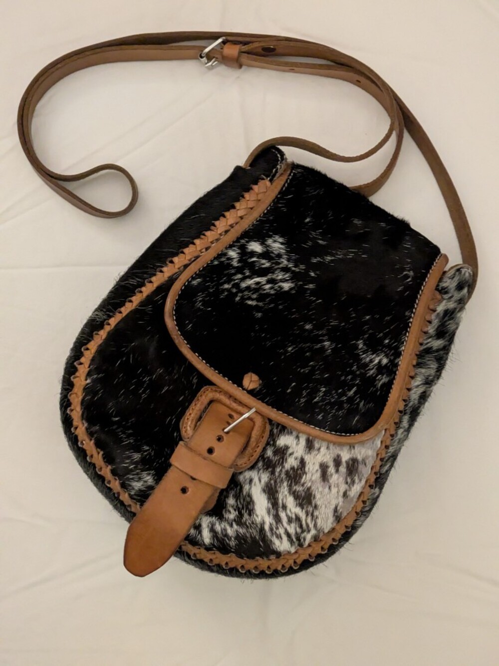 MEXICANA Black and White Haircalf Crossbody with Tan Leather Trim